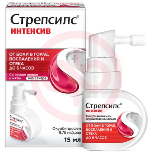Стрепсилс интенсив спрей для местного применения дозированный 8,75мг/доза 15мл(15доз) со вкусом вишни и мяты